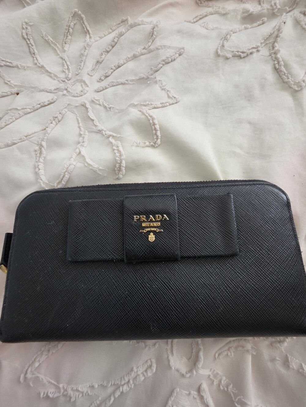 Prada Black Saffiano Leather Zip Wallet with Bow